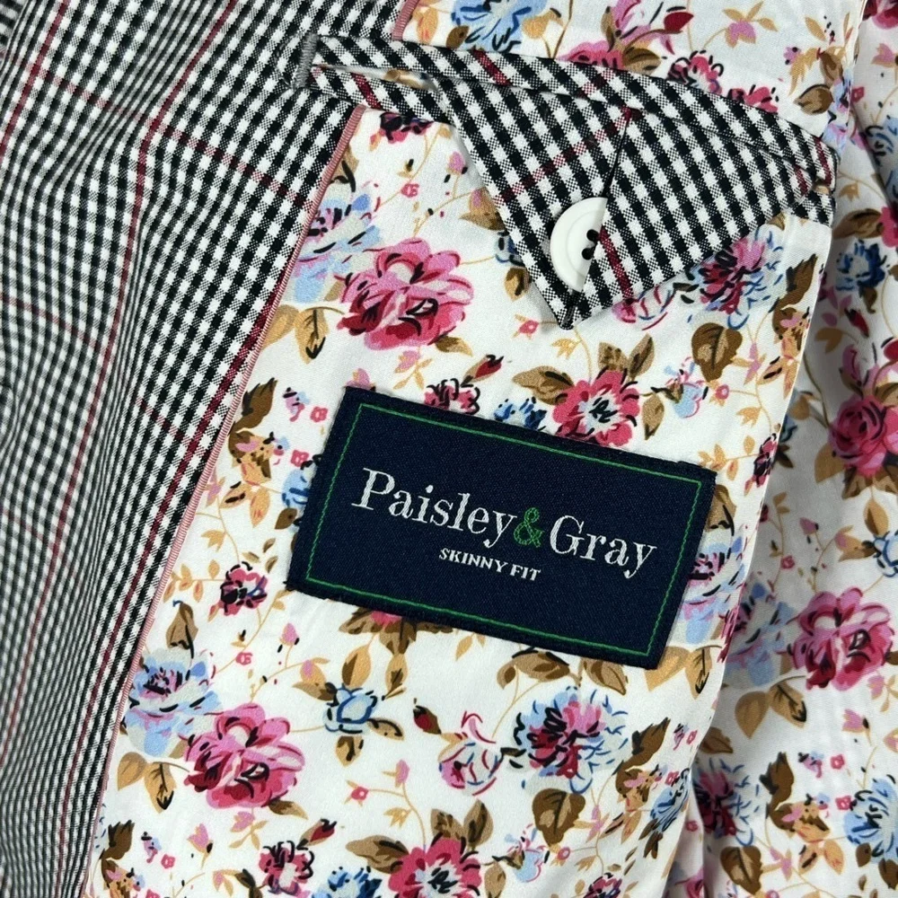 Paisley & Gray 40R Preppy Black and White Checkered Blazer with Red Accents